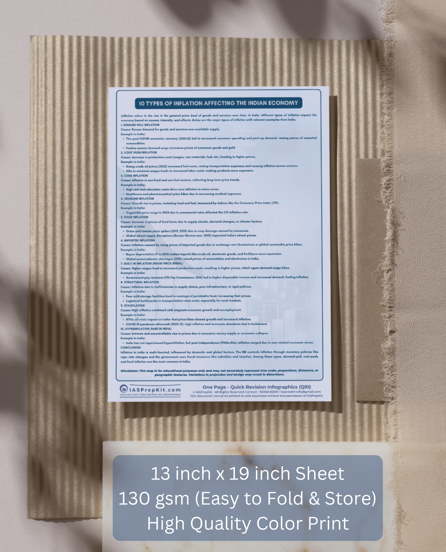 10 Types of Inflation - Indian Economy - One Page Quick Revision Infographics (QRI) for UPSC & State PSC Prelims Exam Prep. - 130 gsm (Easy to fold & store) - Color Print - FREE Shipping (Copy)