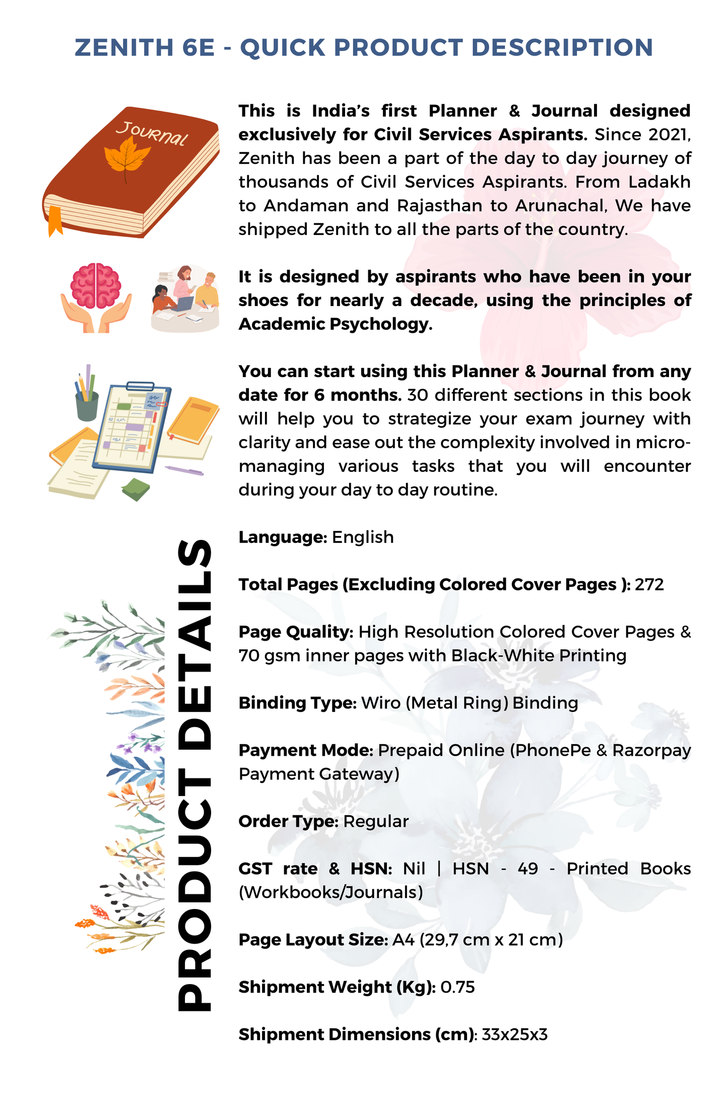 A4 Size - Zenith 6E - Exam Planner, Study & Lifestyle Journal for 6 Months (You can use this from any date)