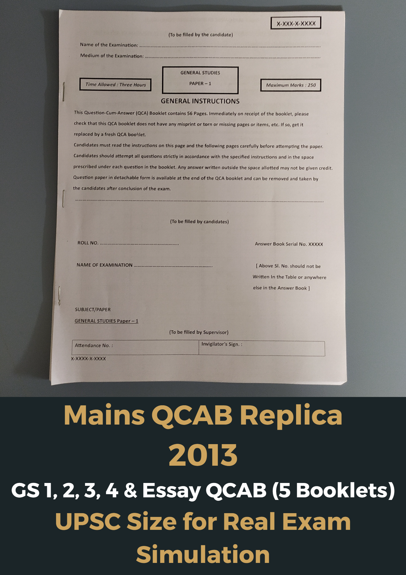 2013 Mains QCAB Replica - GS 1,2,3,4 & Essay (5 Booklets) - UPSC QCAB Size - For Real Exam Simulation