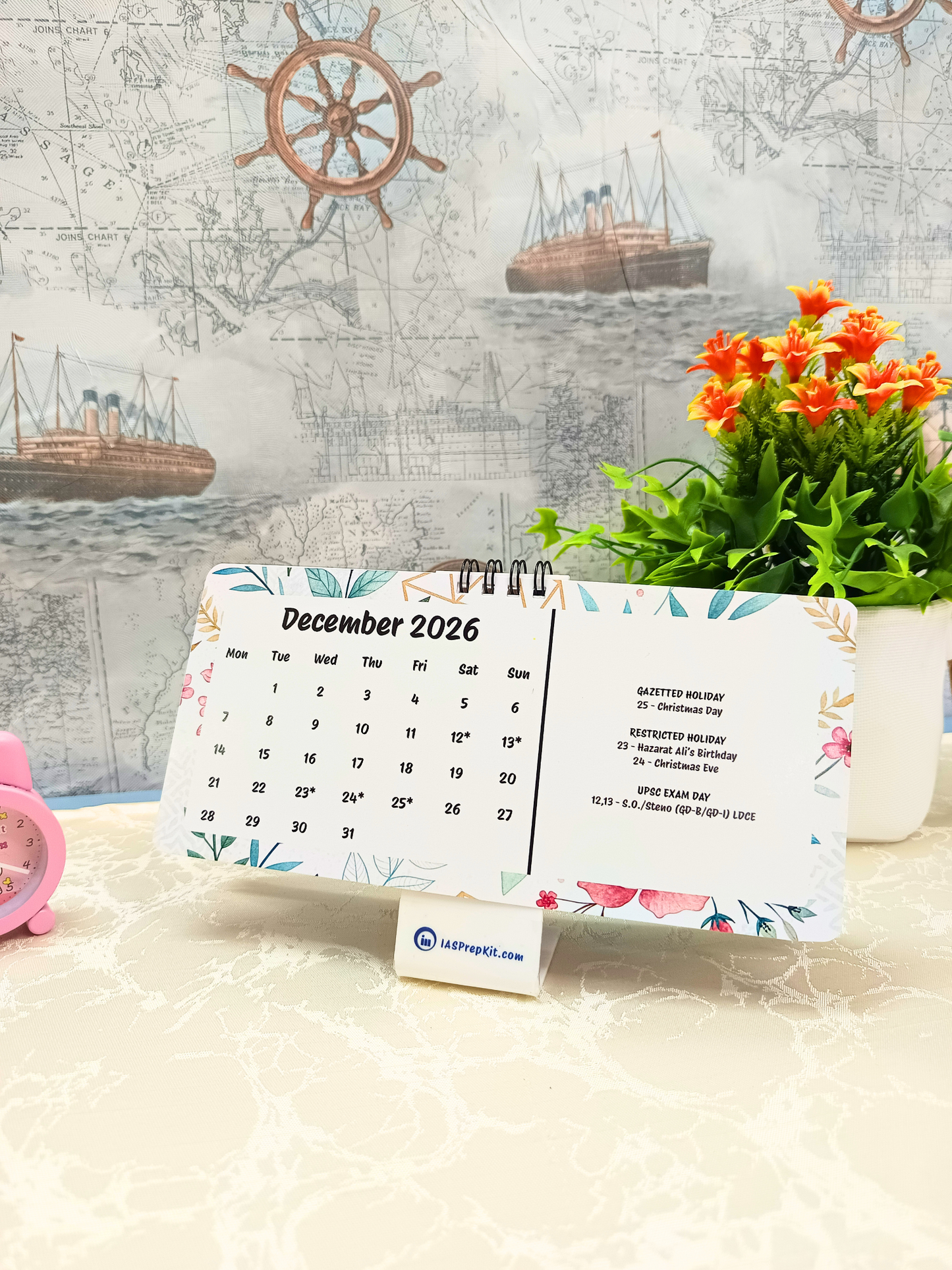 Floral Pastels - 2026 UPSC Desk Calendar with Important UPSC Dates