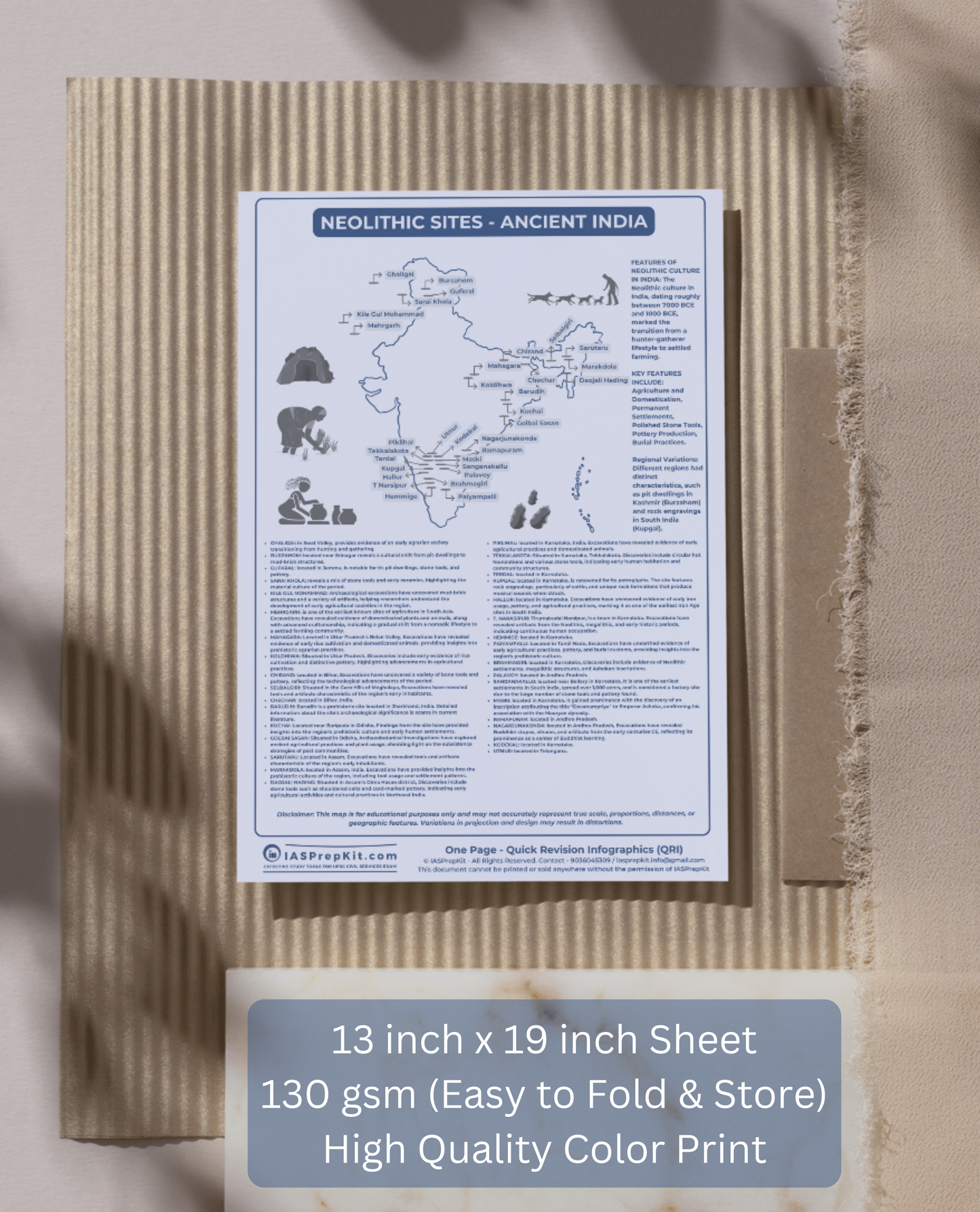 Neolithic Sites - Ancient India - One Page Quick Revision Infographics (QRI) for UPSC & State PSC Prelims Exam Prep. - 130 gsm (Easy to fold & store) - Color Print - FREE Shipping