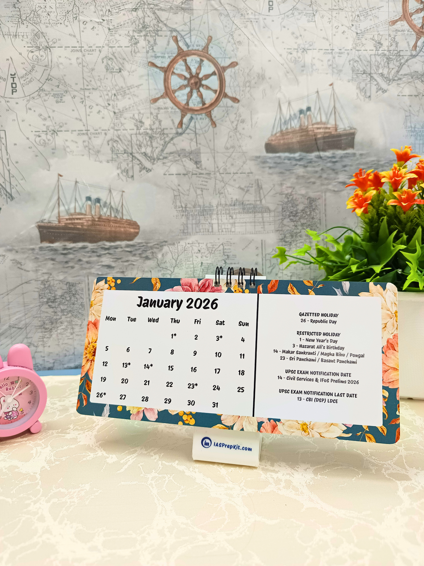 Floral Pastels - 2026 UPSC Desk Calendar with Important UPSC Dates