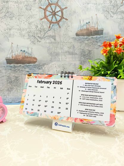 Floral Pastels - 2026 UPSC Desk Calendar with Important UPSC Dates