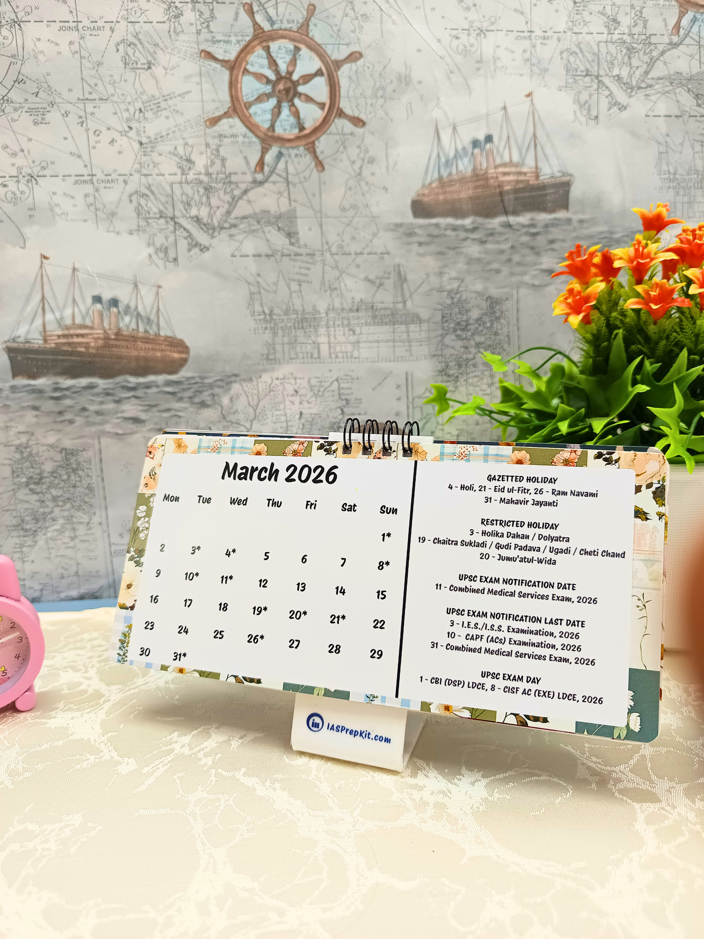 Floral Pastels - 2026 UPSC Desk Calendar with Important UPSC Dates