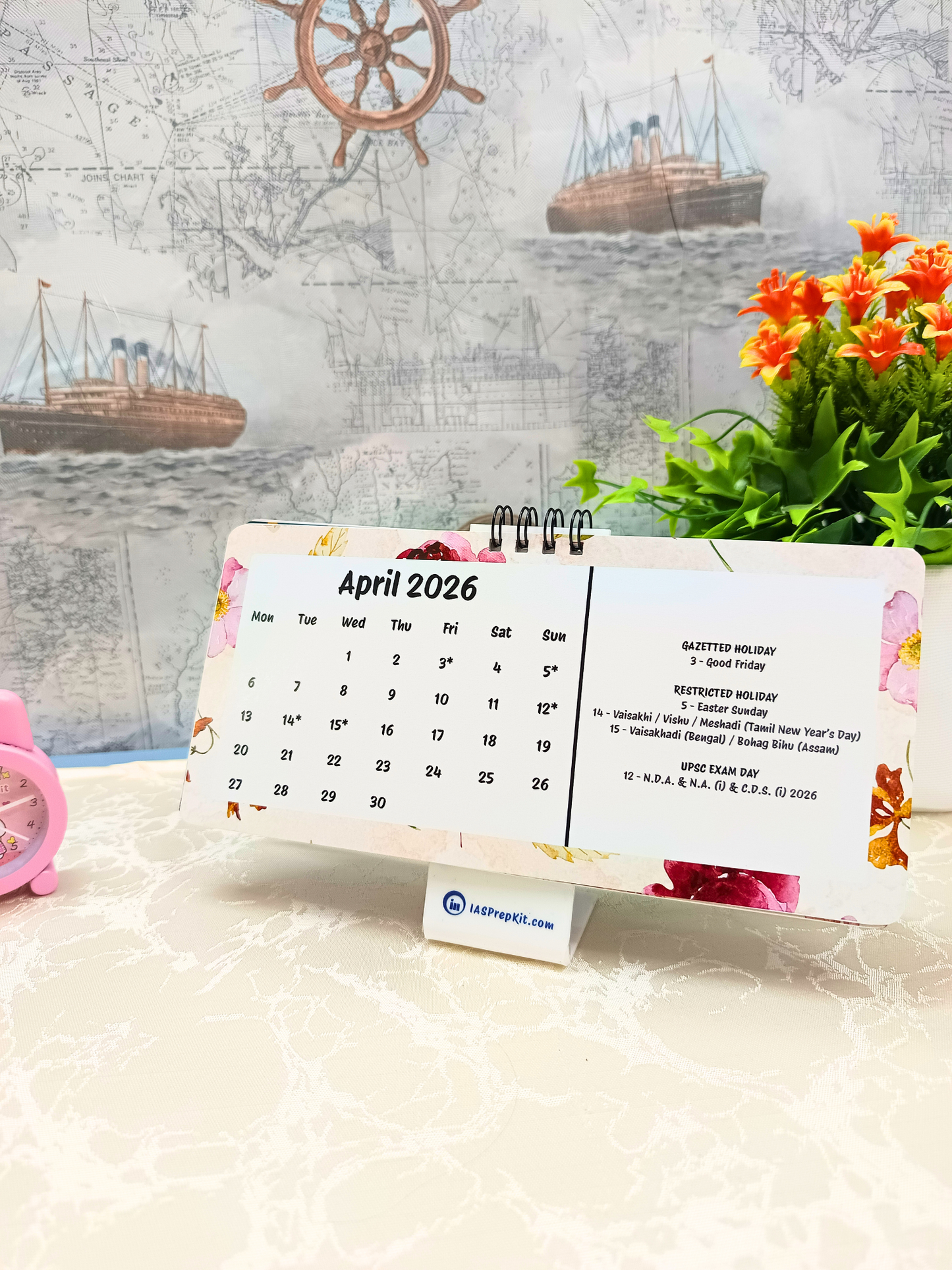 Floral Pastels - 2026 UPSC Desk Calendar with Important UPSC Dates