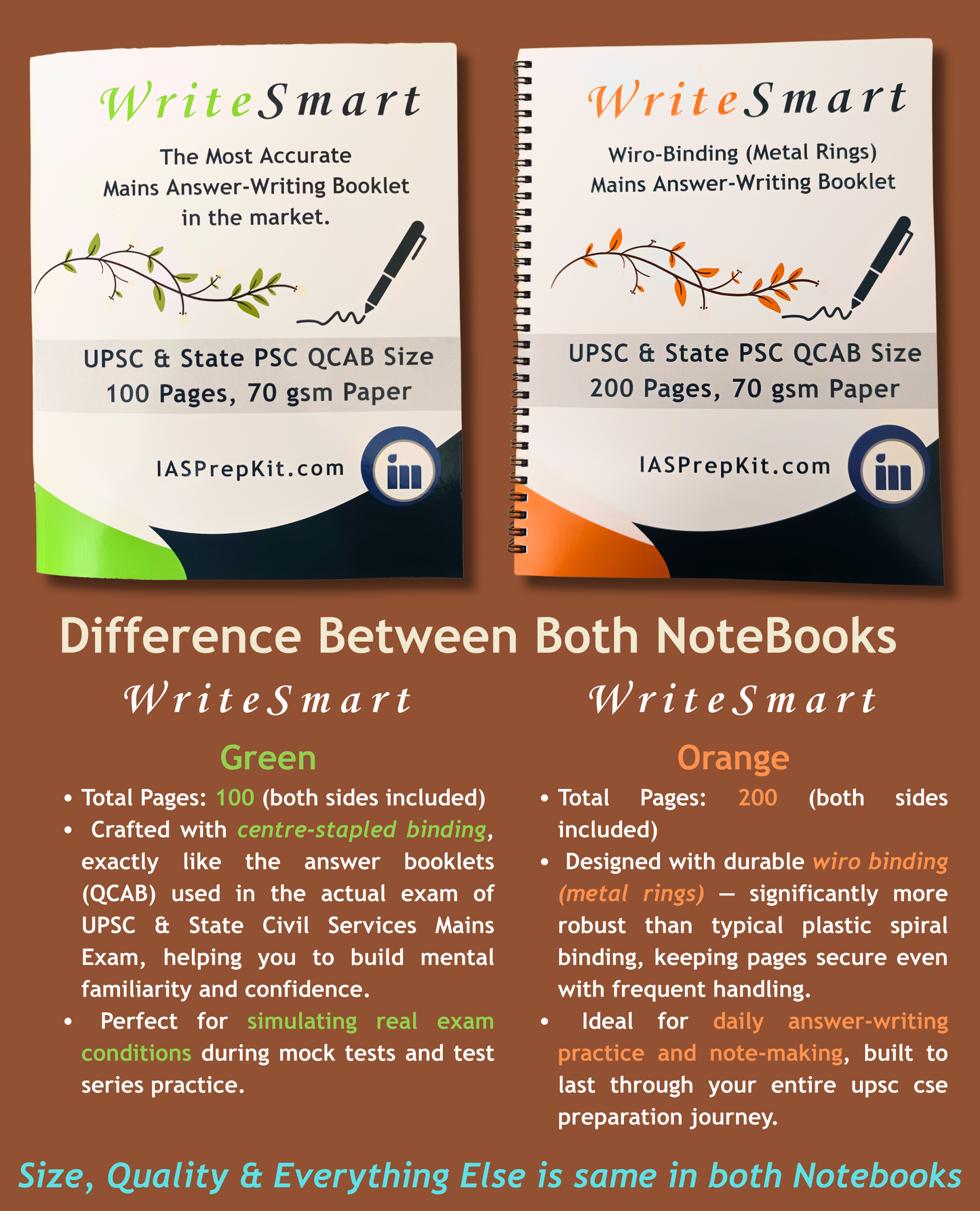 5 Booklets - 200 Pages per booklet, Total 1,000 Pages (including both sides) - WriteSmart Orange - Useful for daily answer writing & notes