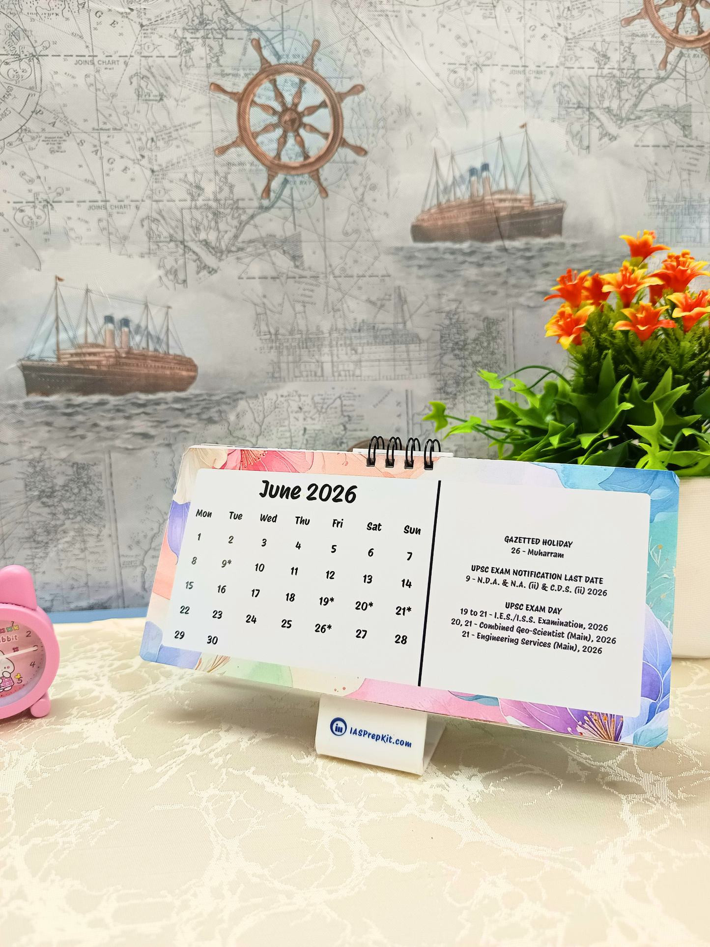 Floral Pastels - 2026 UPSC Desk Calendar with Important UPSC Dates