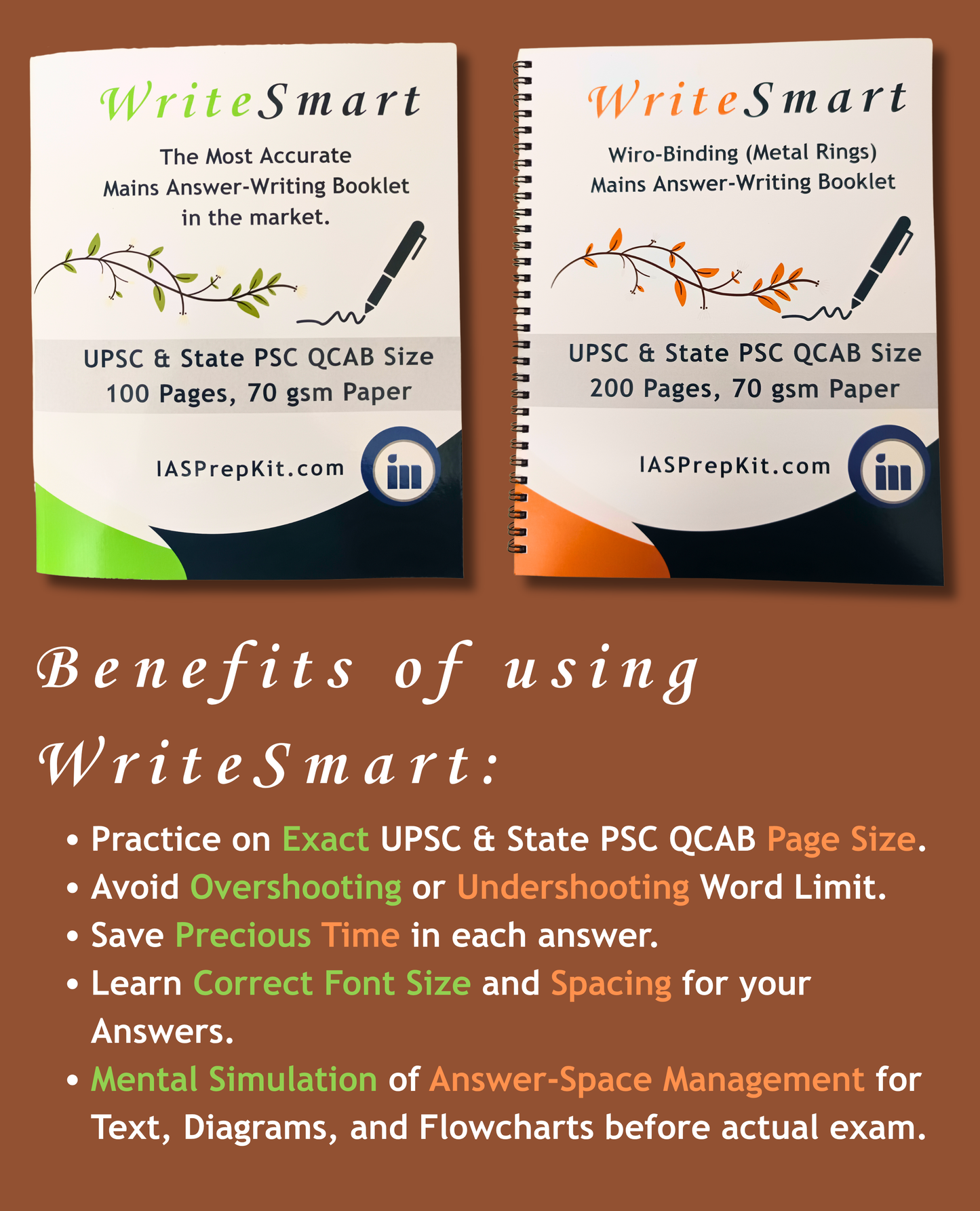 5 Booklets - 200 Pages per booklet, Total 1,000 Pages (including both sides) - WriteSmart Orange - Useful for daily answer writing & notes